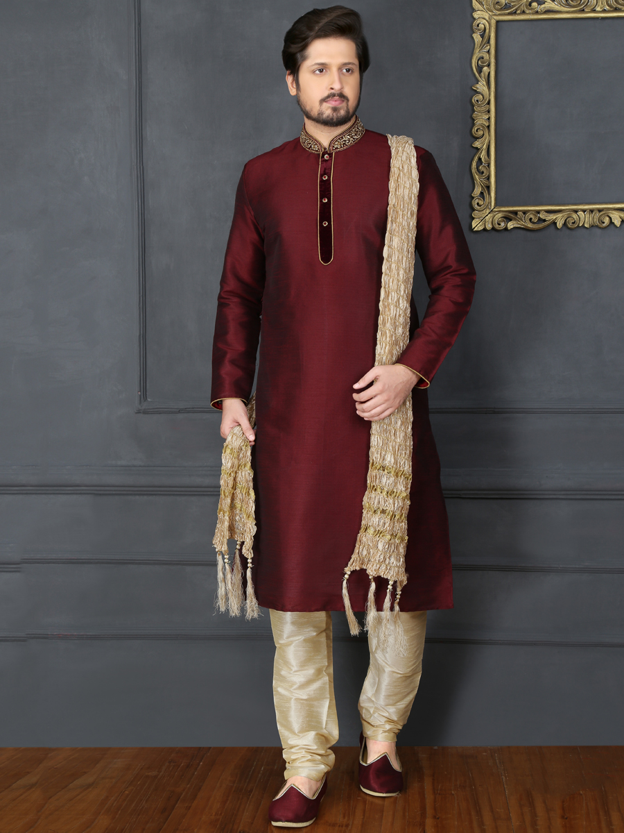 Maroon Art Banarasi Silk Embroidered Festival Kurta