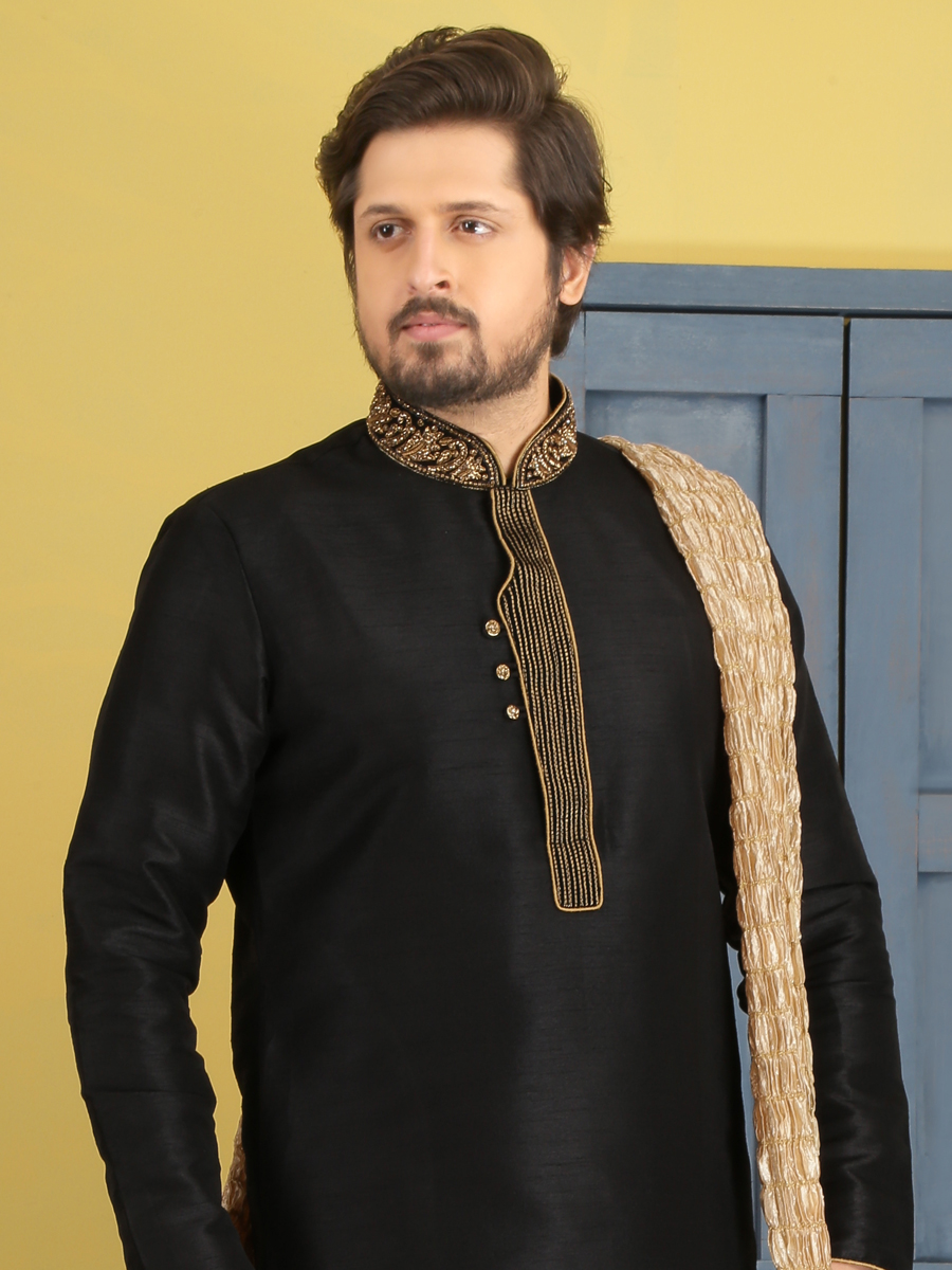 Black Art Banarasi Silk Embroidered Festival Kurta