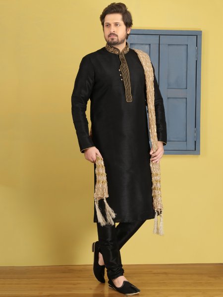 Black Art Banarasi Silk Embroidered Festival Kurta