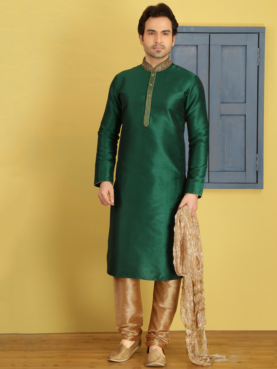 Hunter Green Art Banarasi Silk Embroidered Festival Kurta