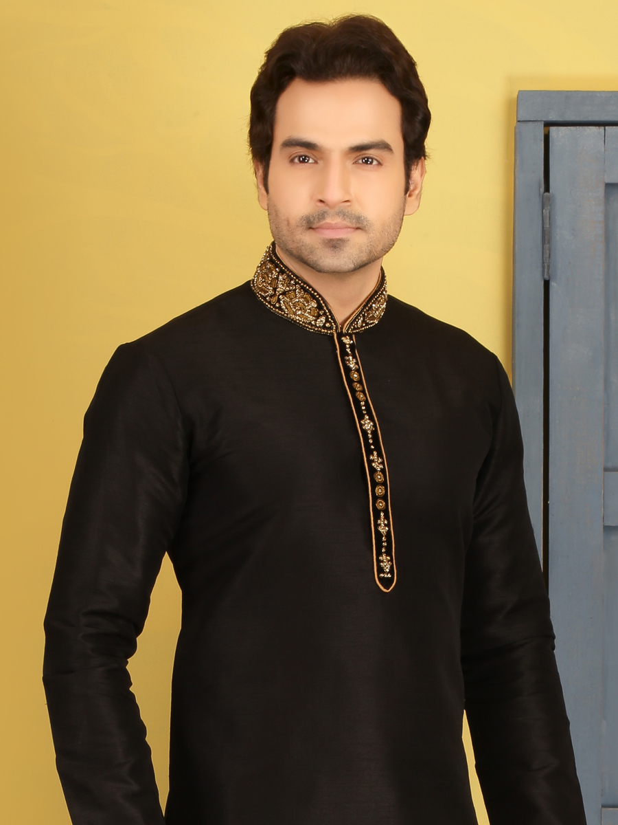 Black Art Banarasi Silk Embroidered Festival Kurta