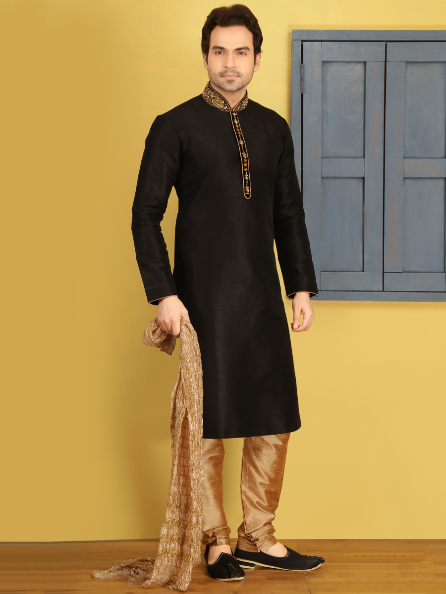 Black Art Banarasi Silk Embroidered Festival Kurta