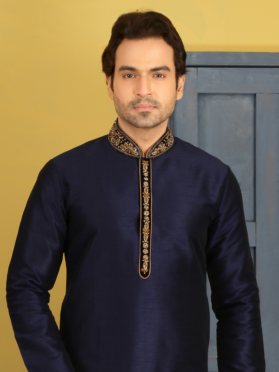 Sapphire Blue Art Banarasi Silk Embroidered Festival Kurta