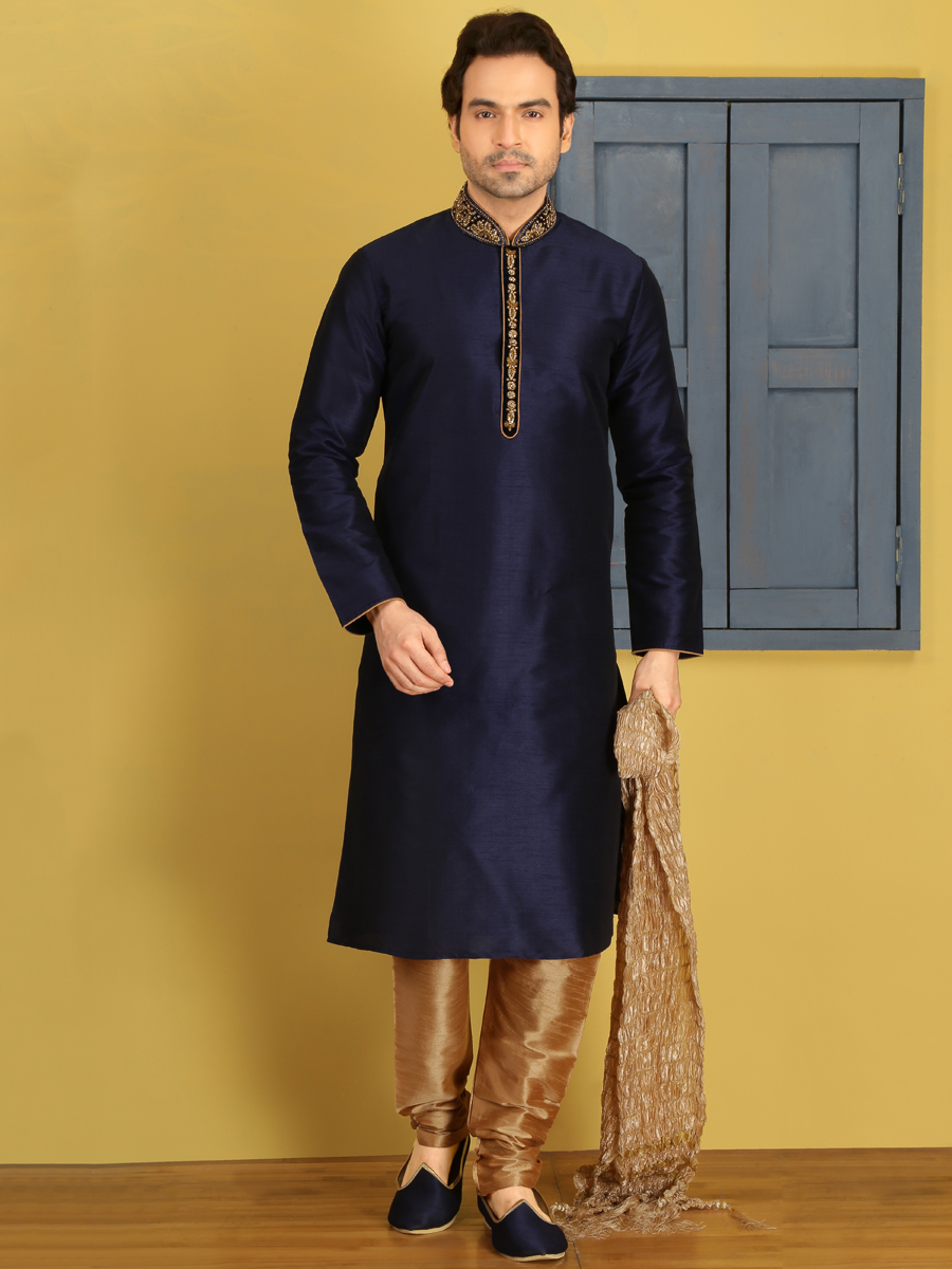 Sapphire Blue Art Banarasi Silk Embroidered Festival Kurta