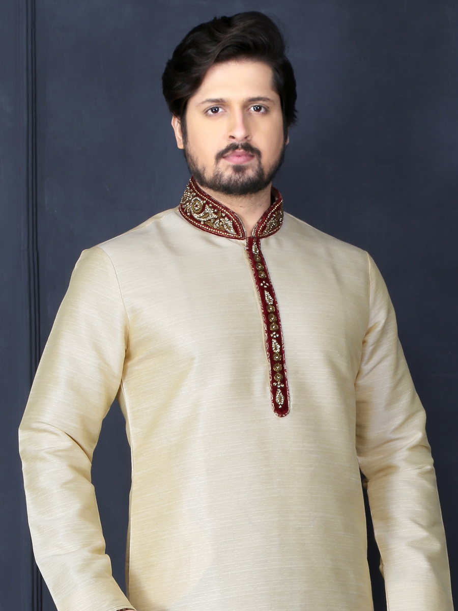 Beige Yellow Art Banarasi Silk Embroidered Festival Kurta