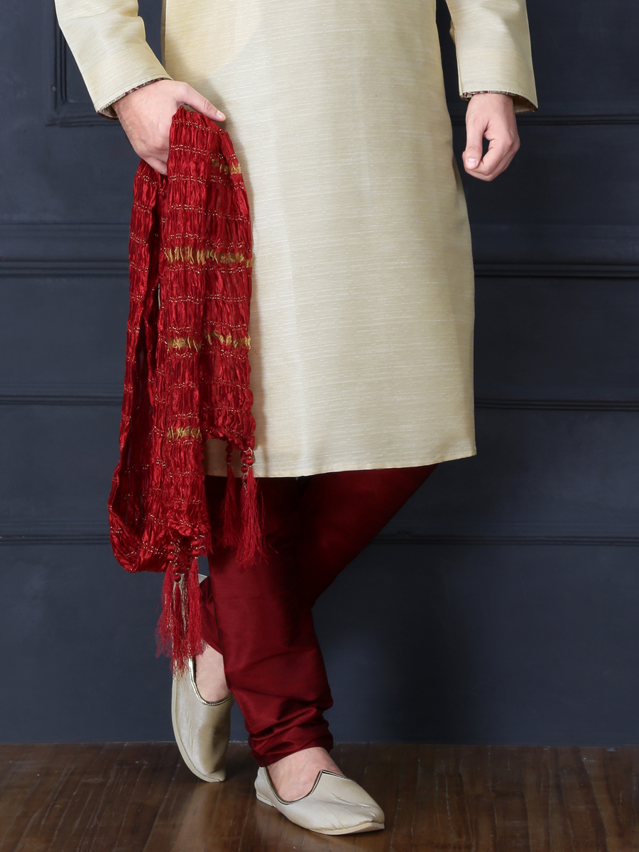 Beige Yellow Art Banarasi Silk Embroidered Festival Kurta