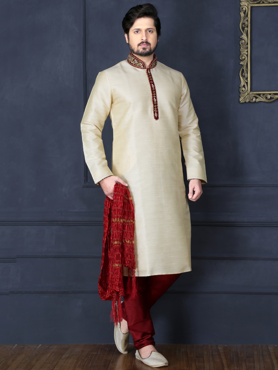 Beige Yellow Art Banarasi Silk Embroidered Festival Kurta