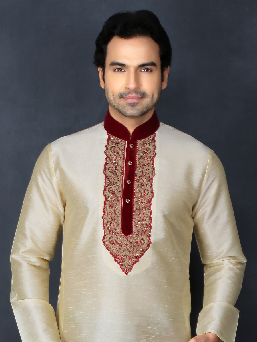 Beige Yellow Dupion Art Silk Embroidered Festival Kurta