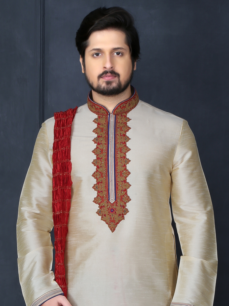 Beige Yellow Dupion Art Silk Embroidered Festival Kurta