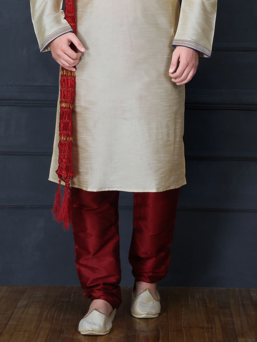 Beige Yellow Dupion Art Silk Embroidered Festival Kurta