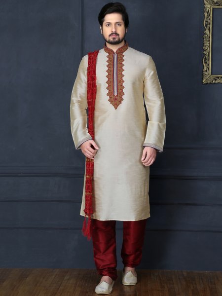 Beige Yellow Dupion Art Silk Embroidered Festival Kurta