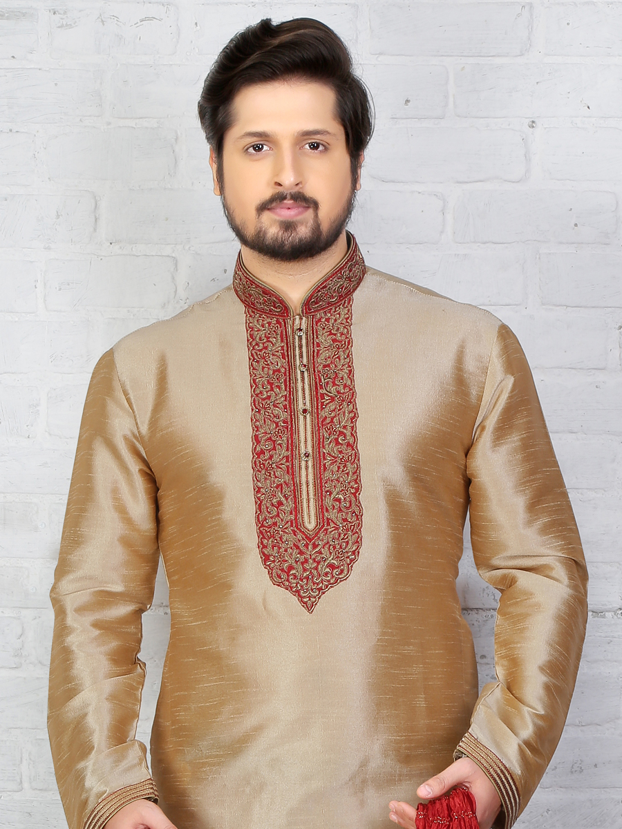 Beige Yellow Dupion Art Silk Embroidered Festival Kurta
