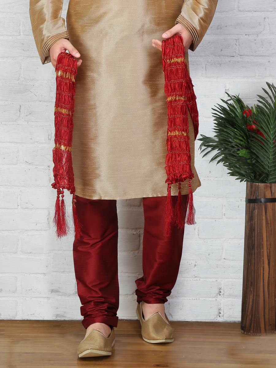Beige Yellow Dupion Art Silk Embroidered Festival Kurta