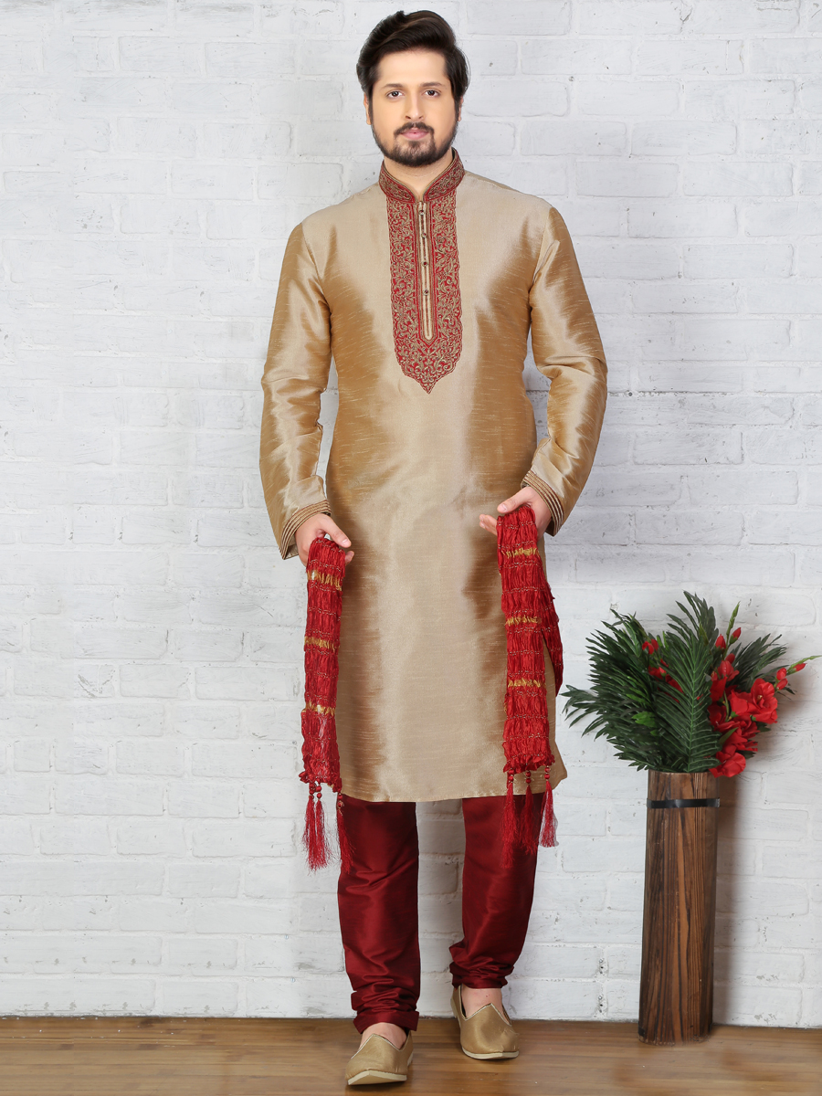 Beige Yellow Dupion Art Silk Embroidered Festival Kurta