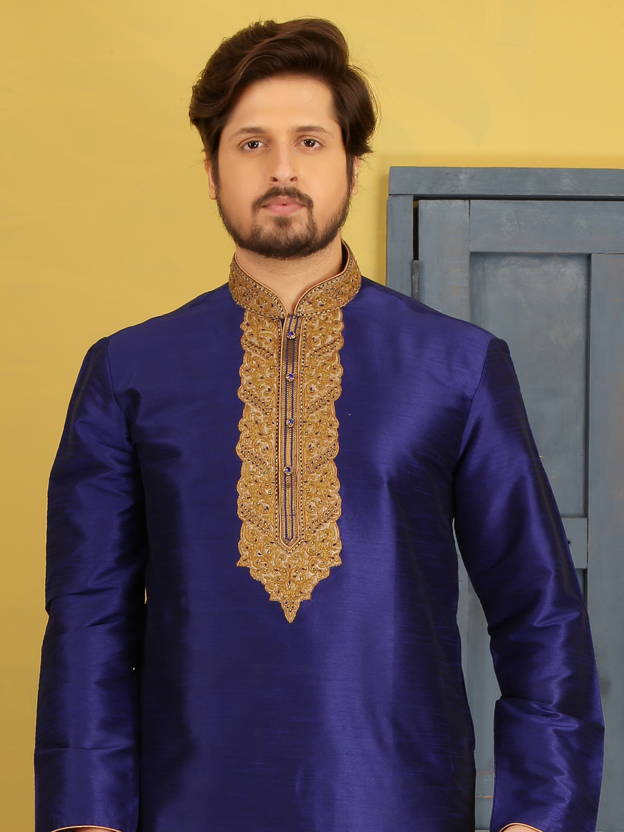 Dark Blue Dupion Art Silk Embroidered Festival Kurta