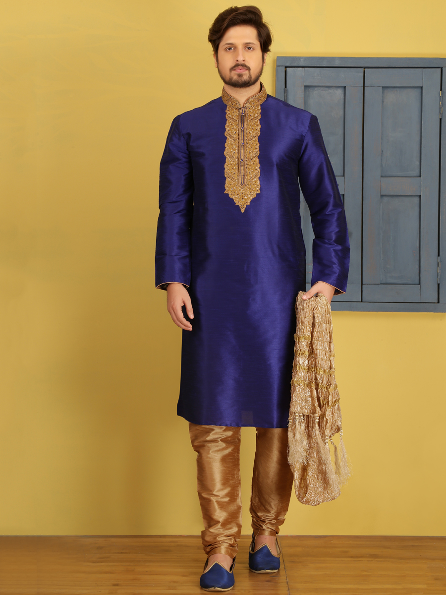 Dark Blue Dupion Art Silk Embroidered Festival Kurta