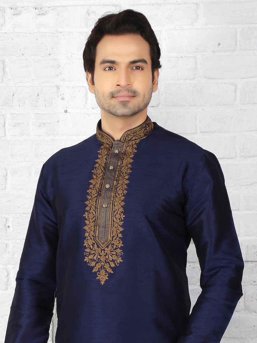 Sapphire Blue Dupion Art Silk Embroidered Festival Kurta