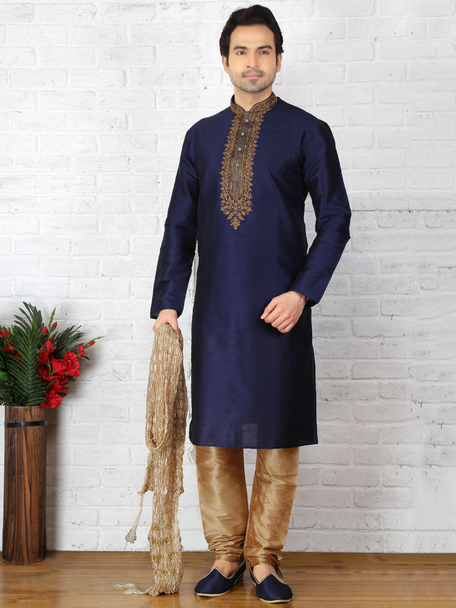 Sapphire Blue Dupion Art Silk Embroidered Festival Kurta