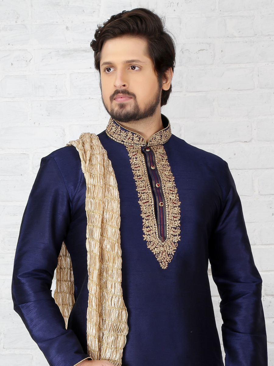 Sapphire Blue Dupion Art Silk Embroidered Festival Kurta