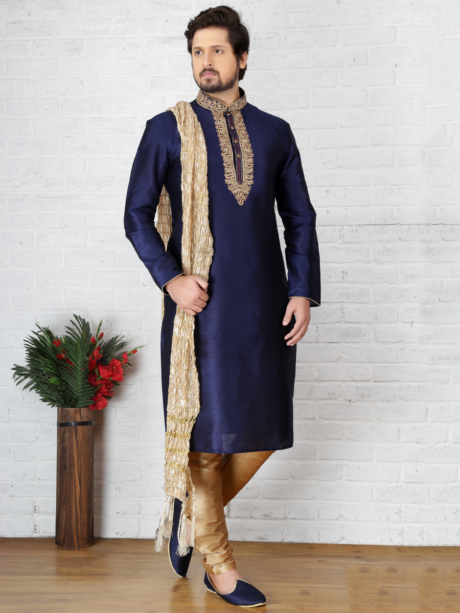 Sapphire Blue Dupion Art Silk Embroidered Festival Kurta