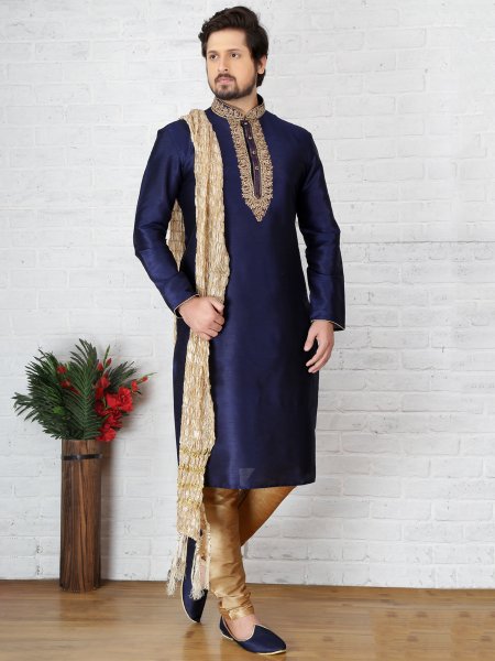 Sapphire Blue Dupion Art Silk Embroidered Festival Kurta