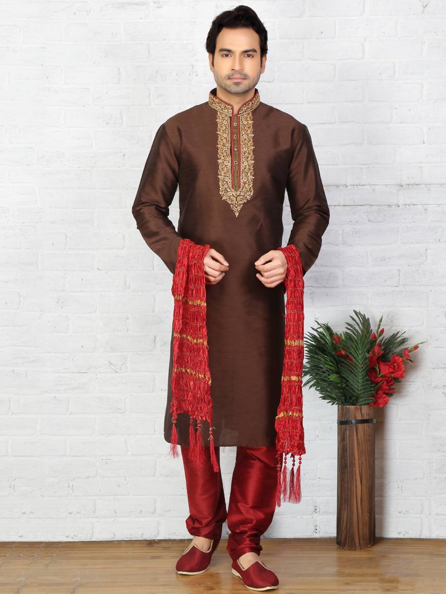 Bistre Brown Dupion Art Silk Embroidered Festival Kurta