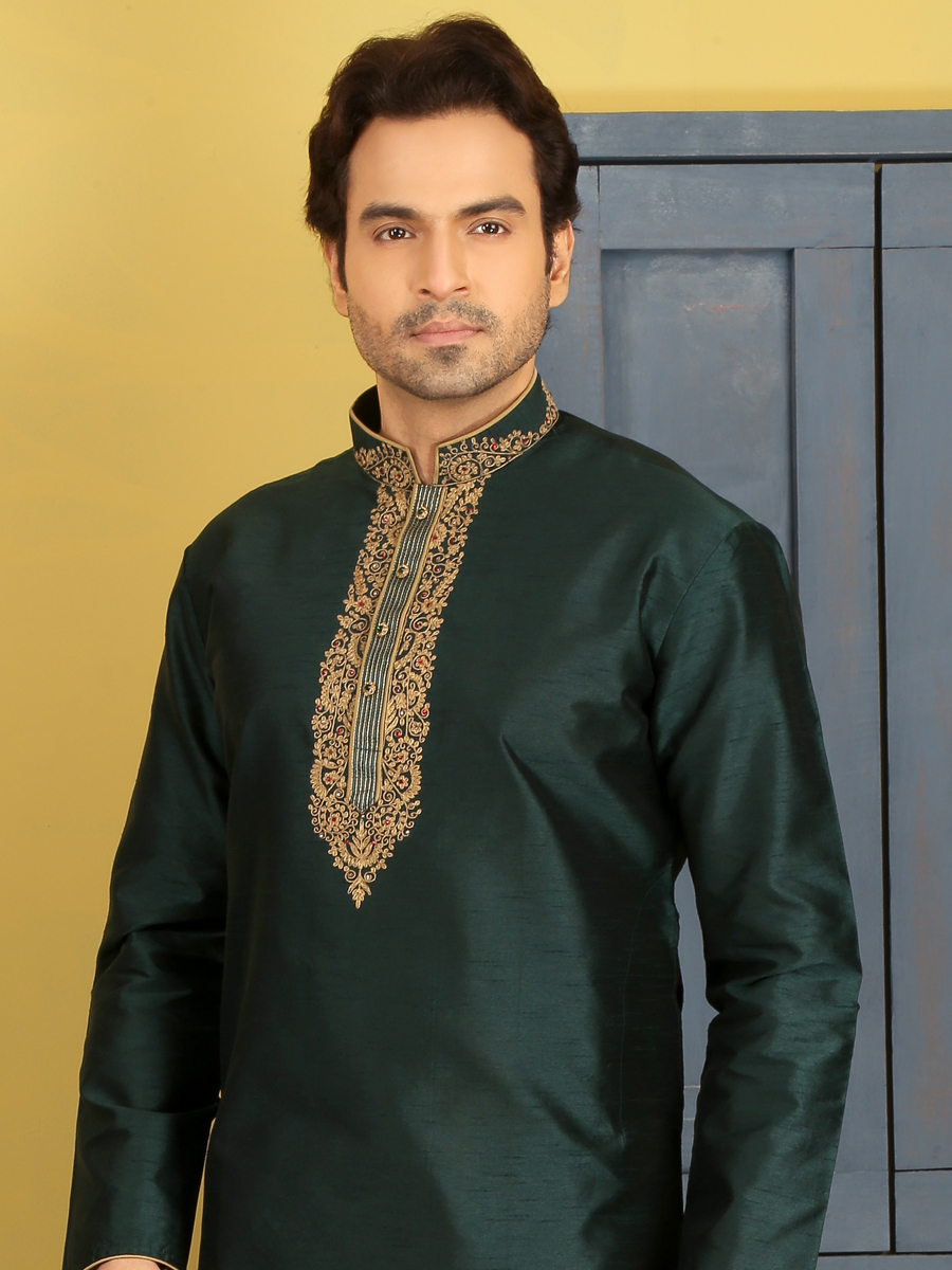 Midnight Green Dupion Art Silk Embroidered Festival Kurta