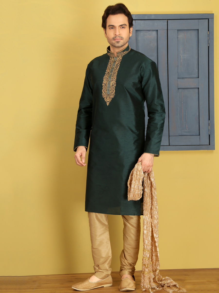 Midnight Green Dupion Art Silk Embroidered Festival Kurta