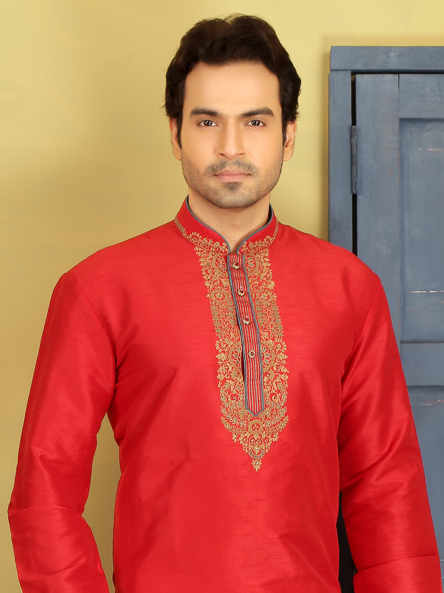 Rose Madder Red Dupion Art Silk Embroidered Festival Kurta