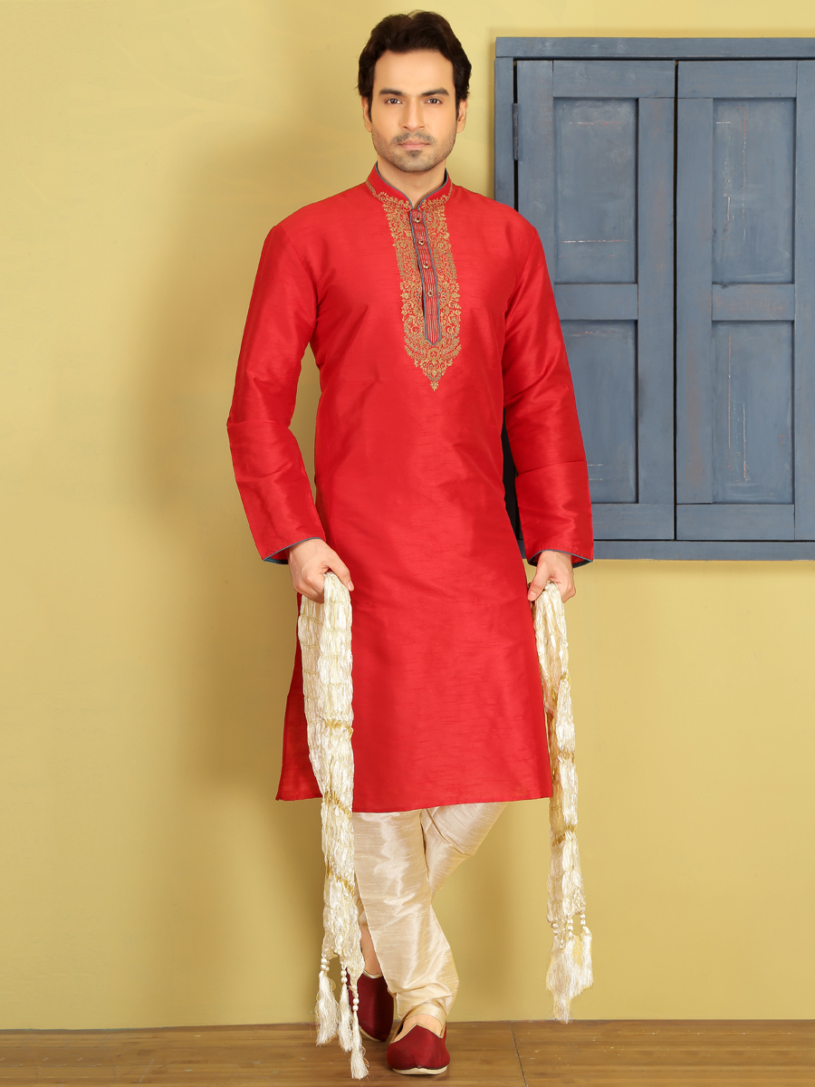 Rose Madder Red Dupion Art Silk Embroidered Festival Kurta