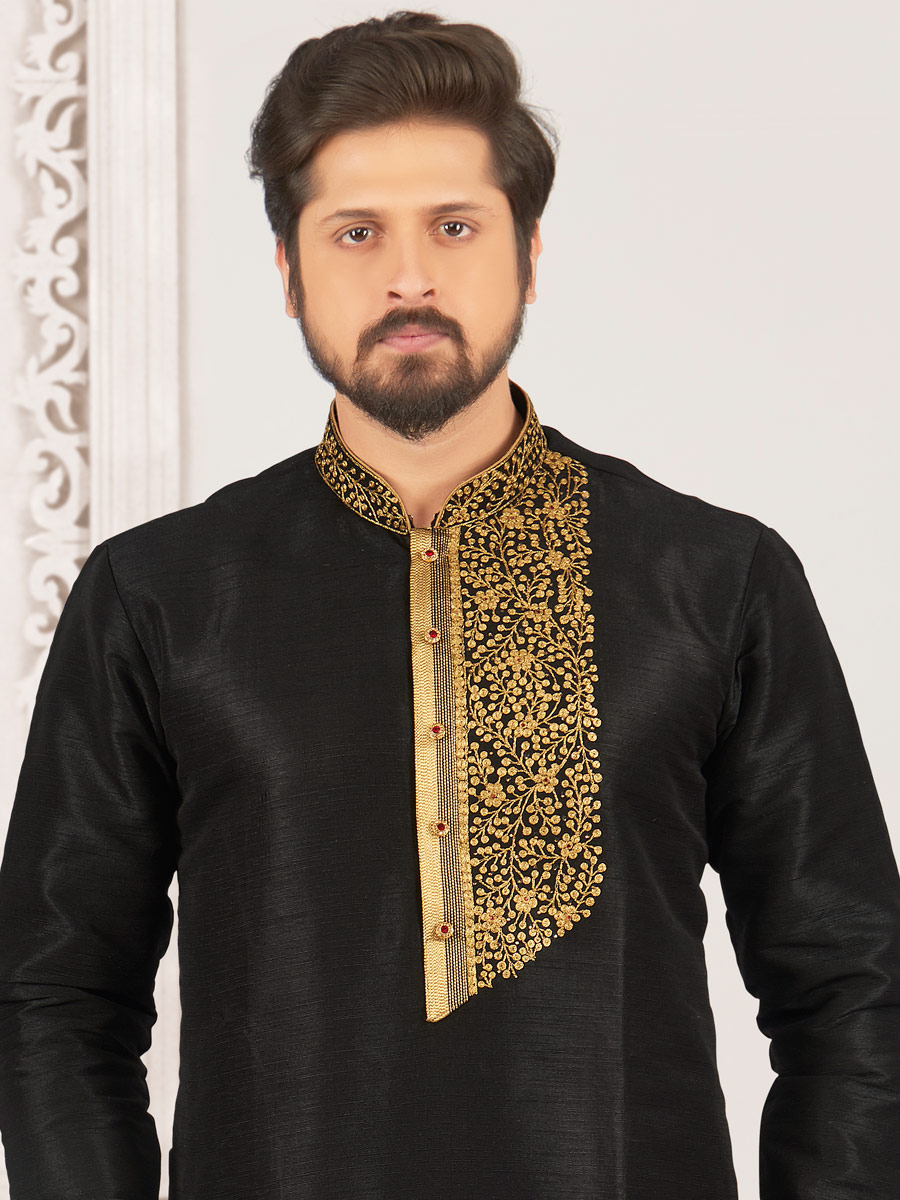 Black Art Banarasi Silk Embroidered Festival Kurta
