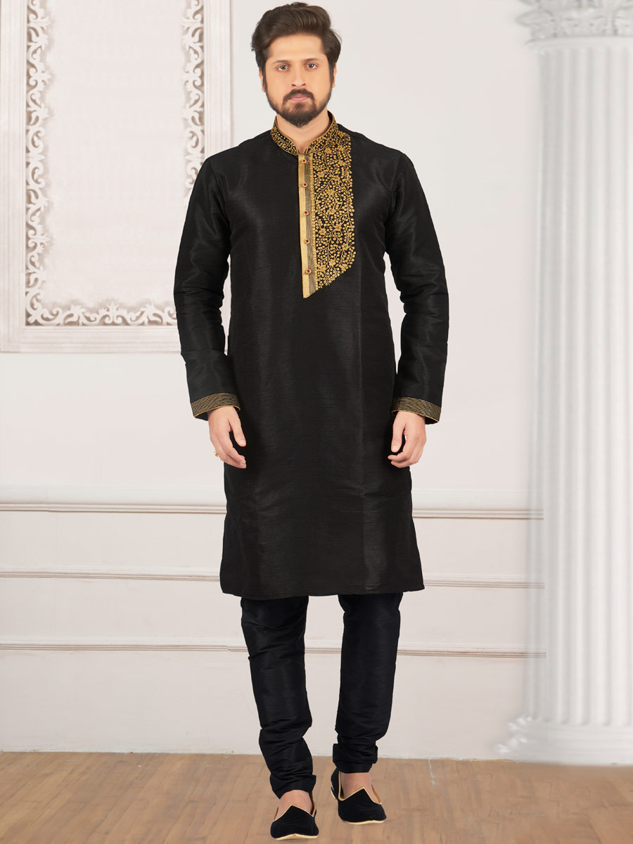 Black Art Banarasi Silk Embroidered Festival Kurta