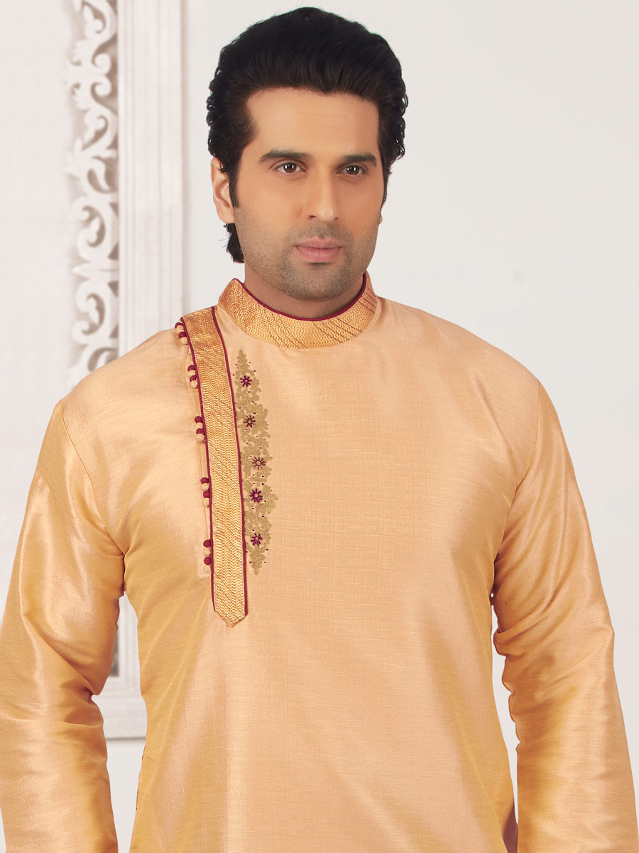 Peach Yellow Art Banarasi Silk Embroidered Festival Kurta