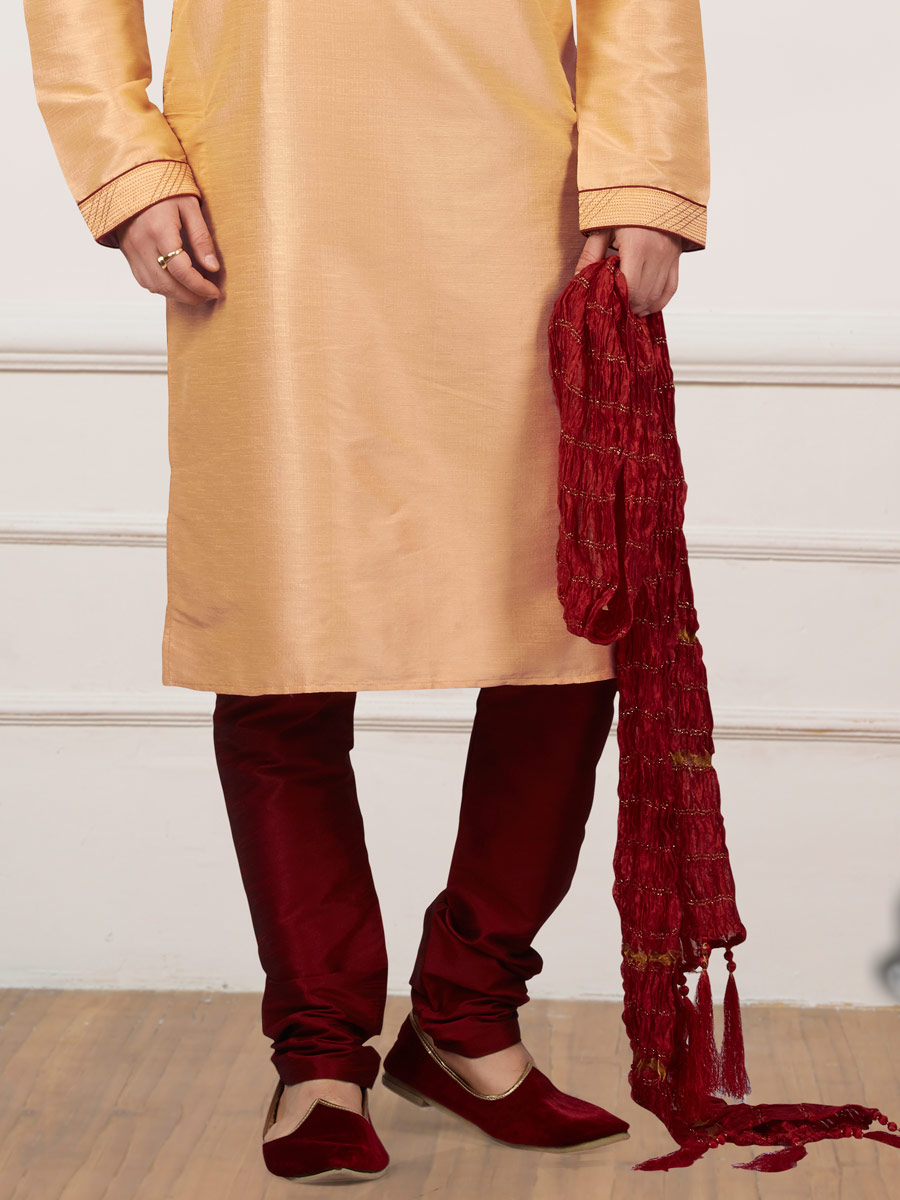 Peach Yellow Art Banarasi Silk Embroidered Festival Kurta