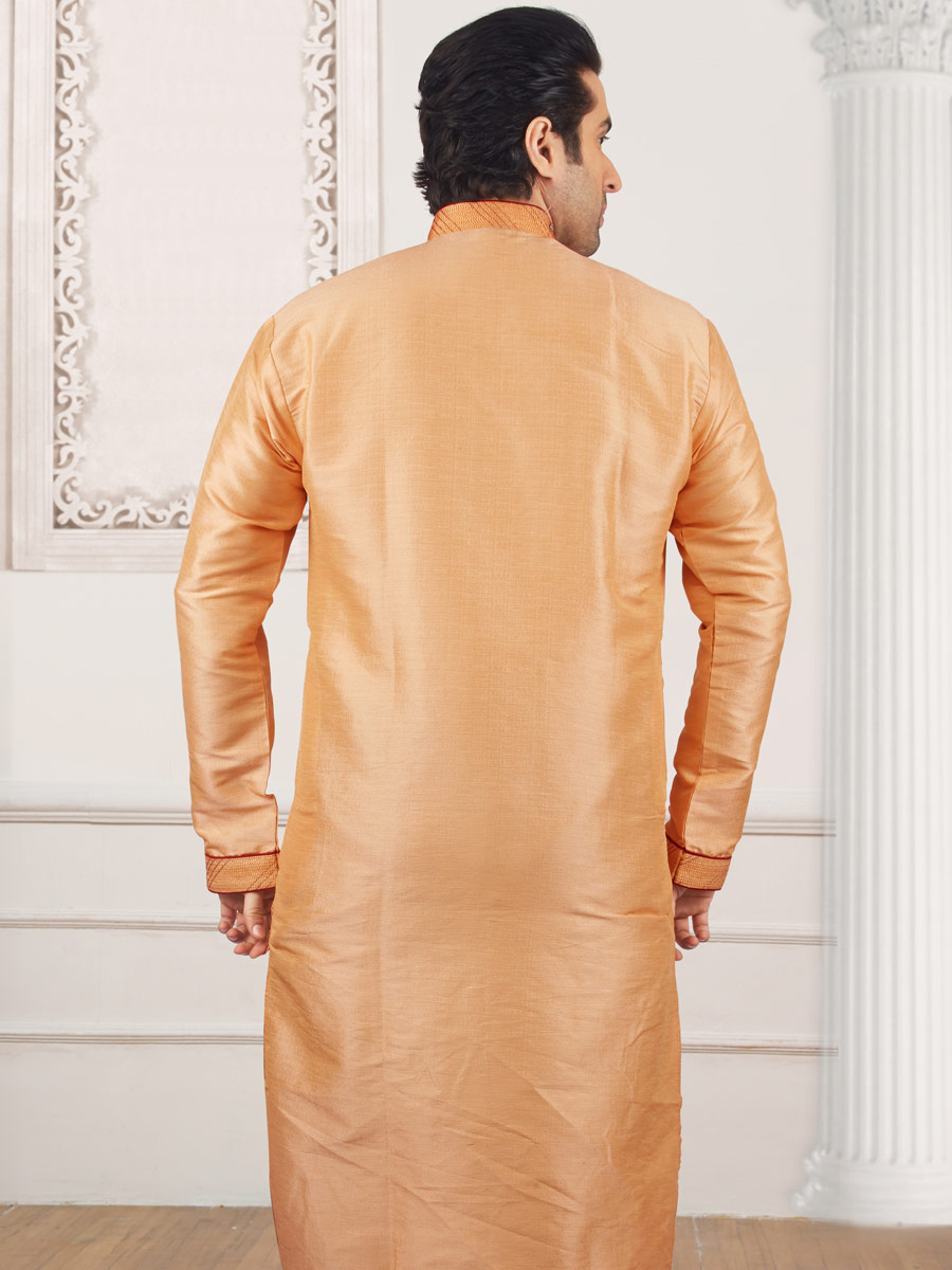 Peach Yellow Art Banarasi Silk Embroidered Festival Kurta