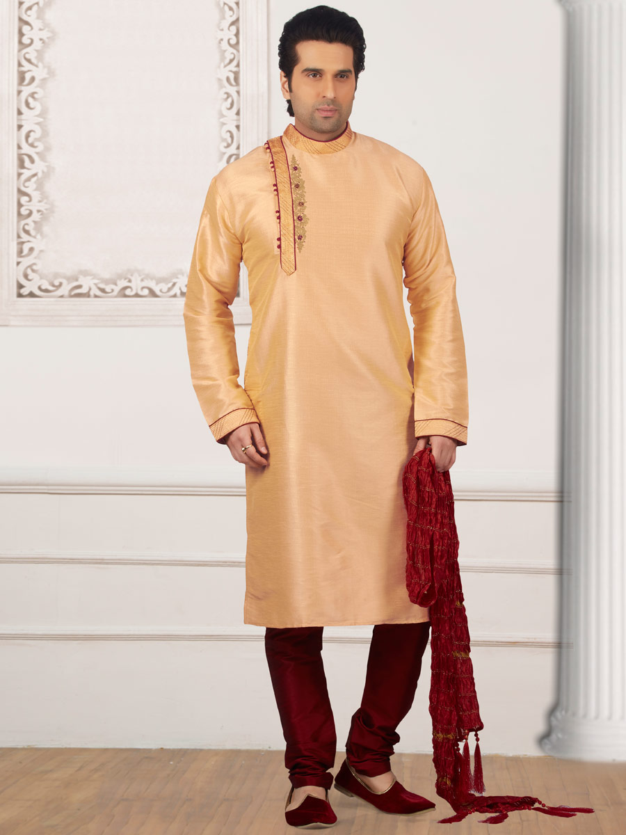 Peach Yellow Art Banarasi Silk Embroidered Festival Kurta