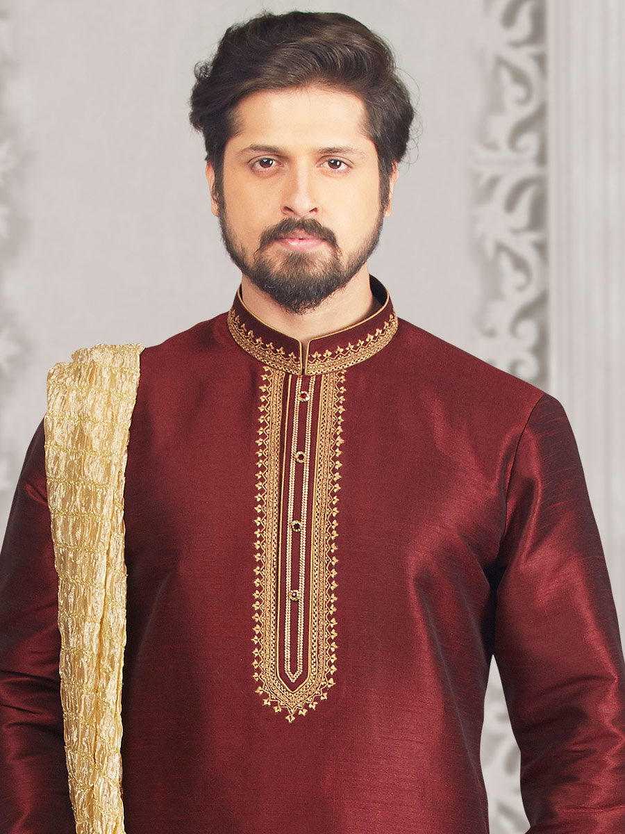 Maroon Art Banarasi Silk Embroidered Festival Kurta