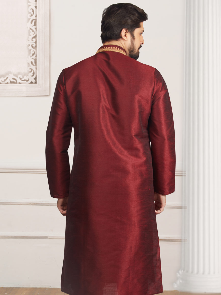 Maroon Art Banarasi Silk Embroidered Festival Kurta