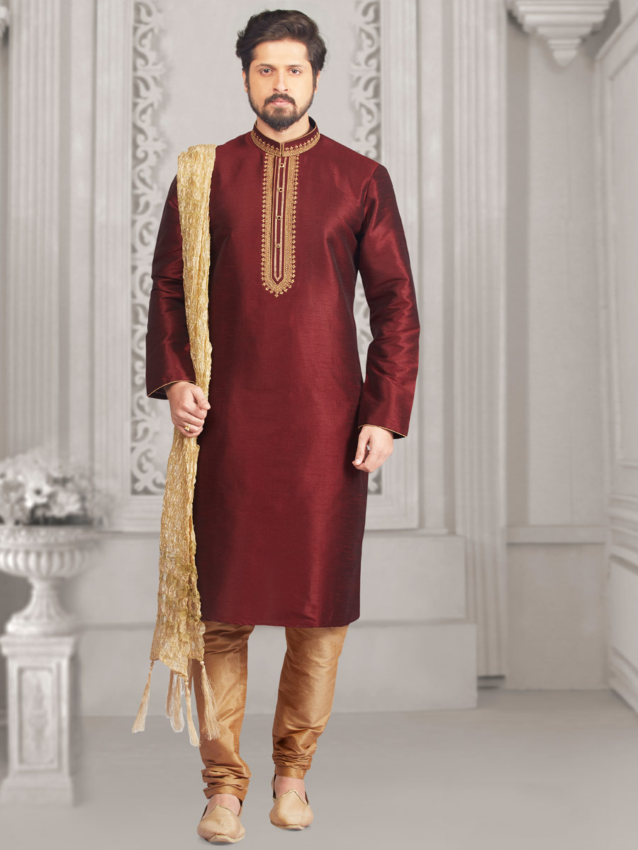 Maroon Art Banarasi Silk Embroidered Festival Kurta