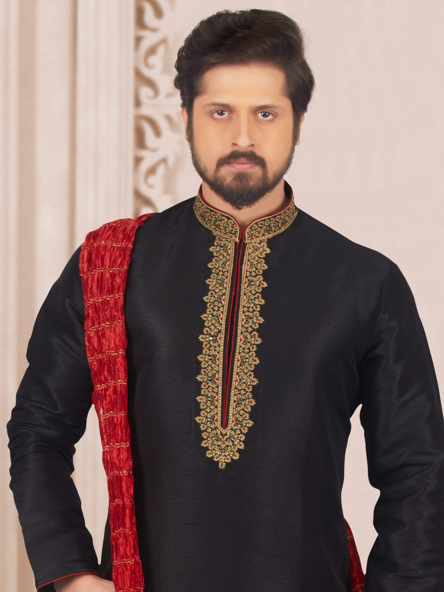 Black Art Banarasi Silk Embroidered Festival Kurta