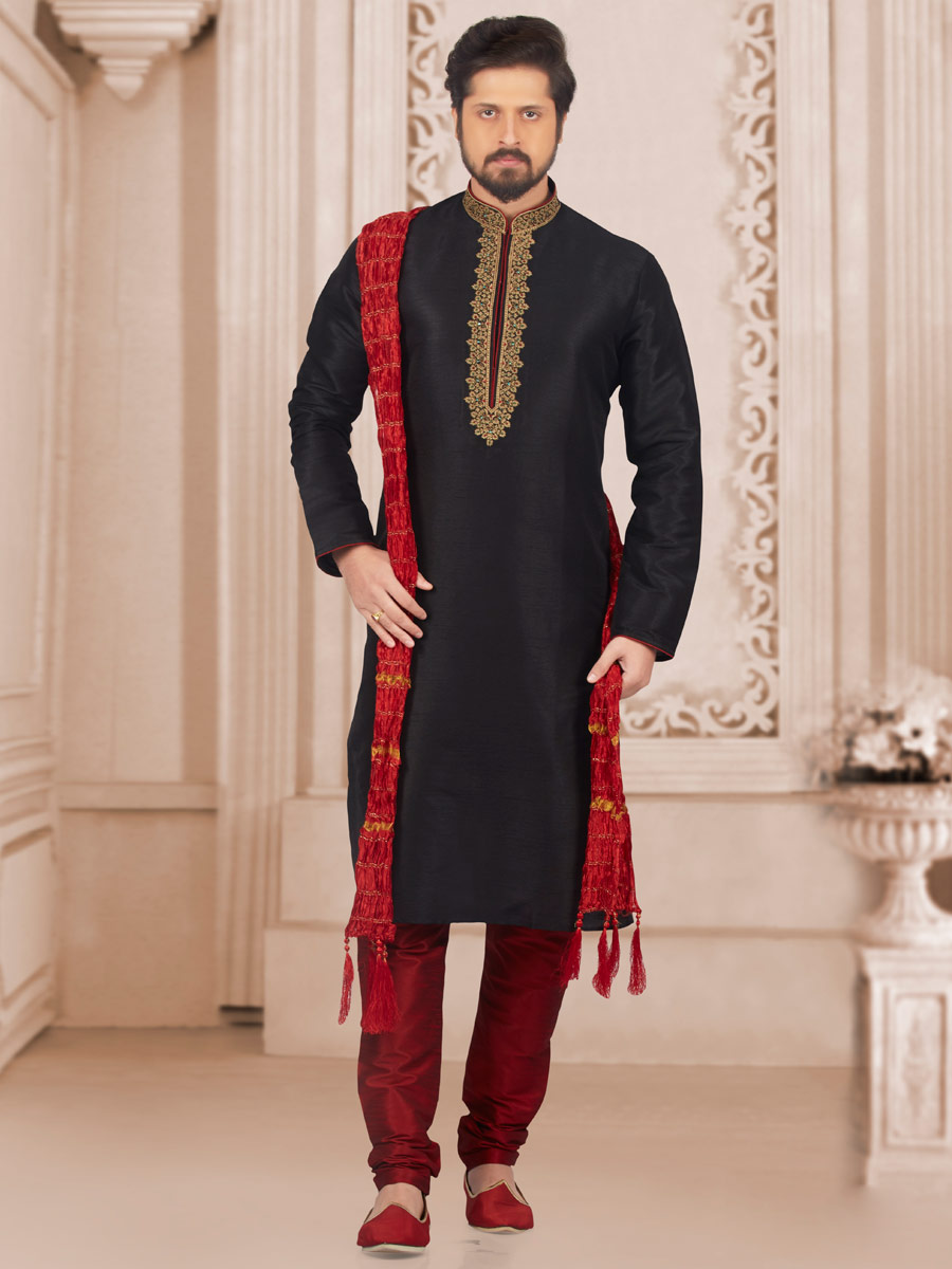 Black Art Banarasi Silk Embroidered Festival Kurta