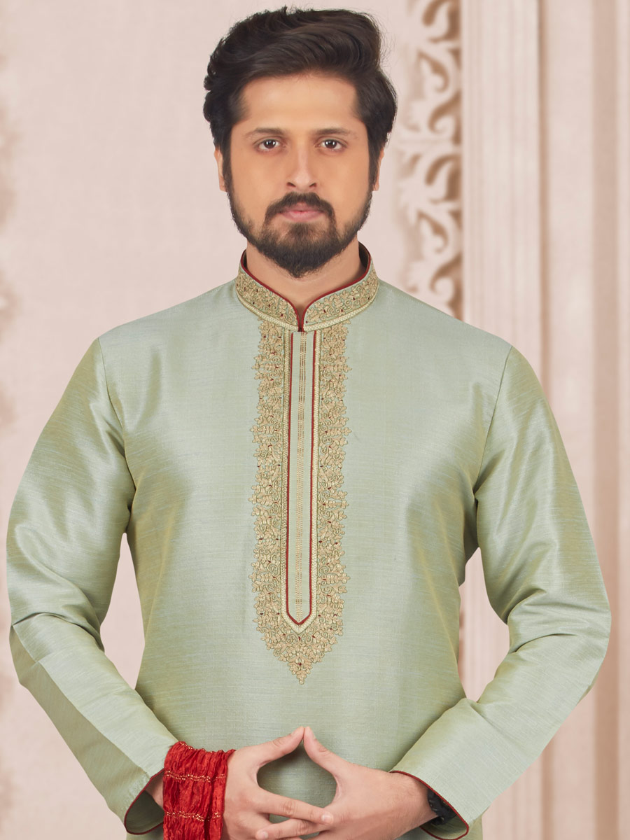 Tea Green Art Banarasi Silk Embroidered Festival Kurta