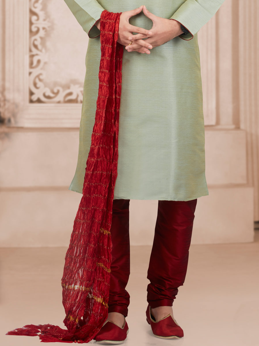 Tea Green Art Banarasi Silk Embroidered Festival Kurta