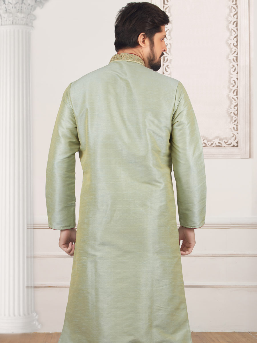 Tea Green Art Banarasi Silk Embroidered Festival Kurta