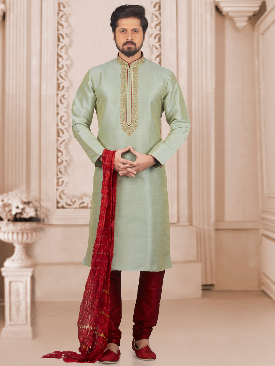 Tea Green Art Banarasi Silk Embroidered Festival Kurta