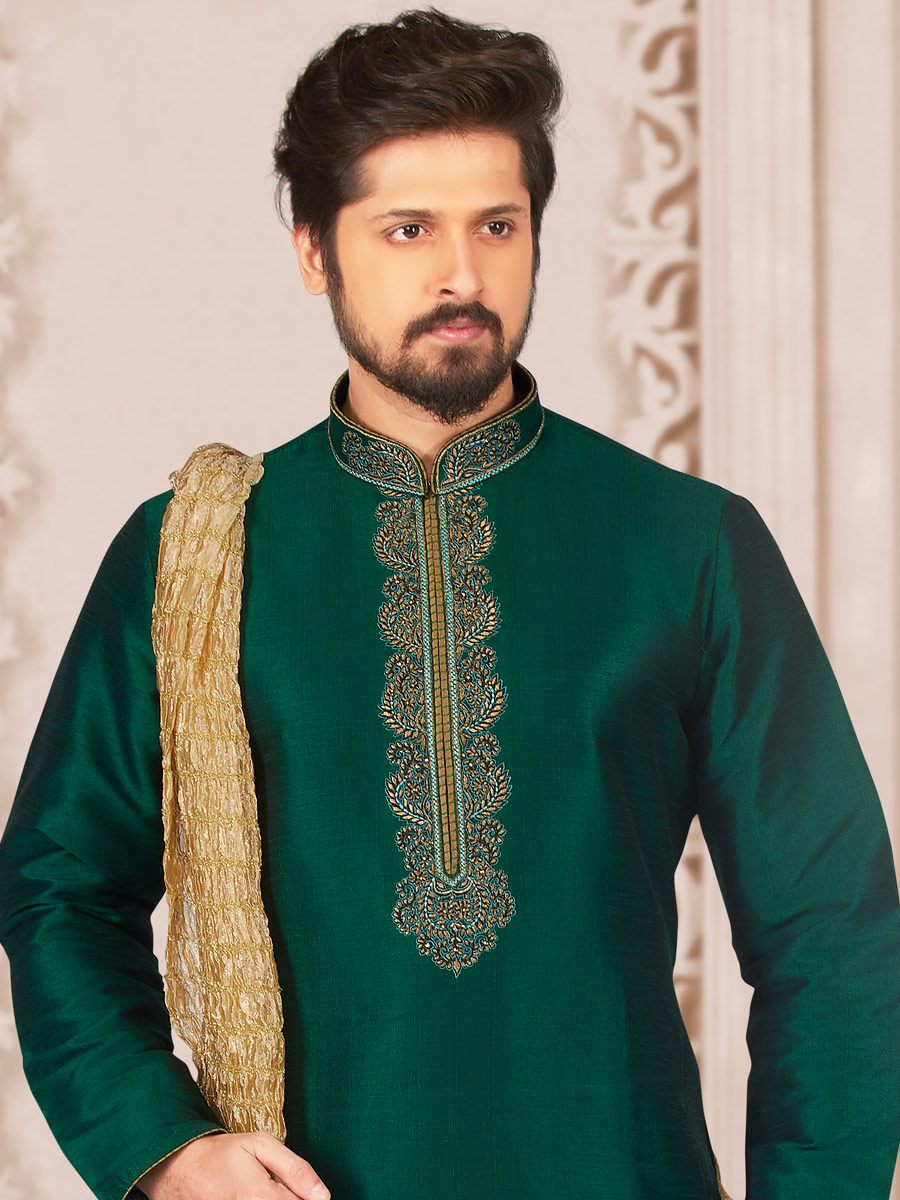 Hunter Green Art Banarasi Silk Embroidered Festival Kurta