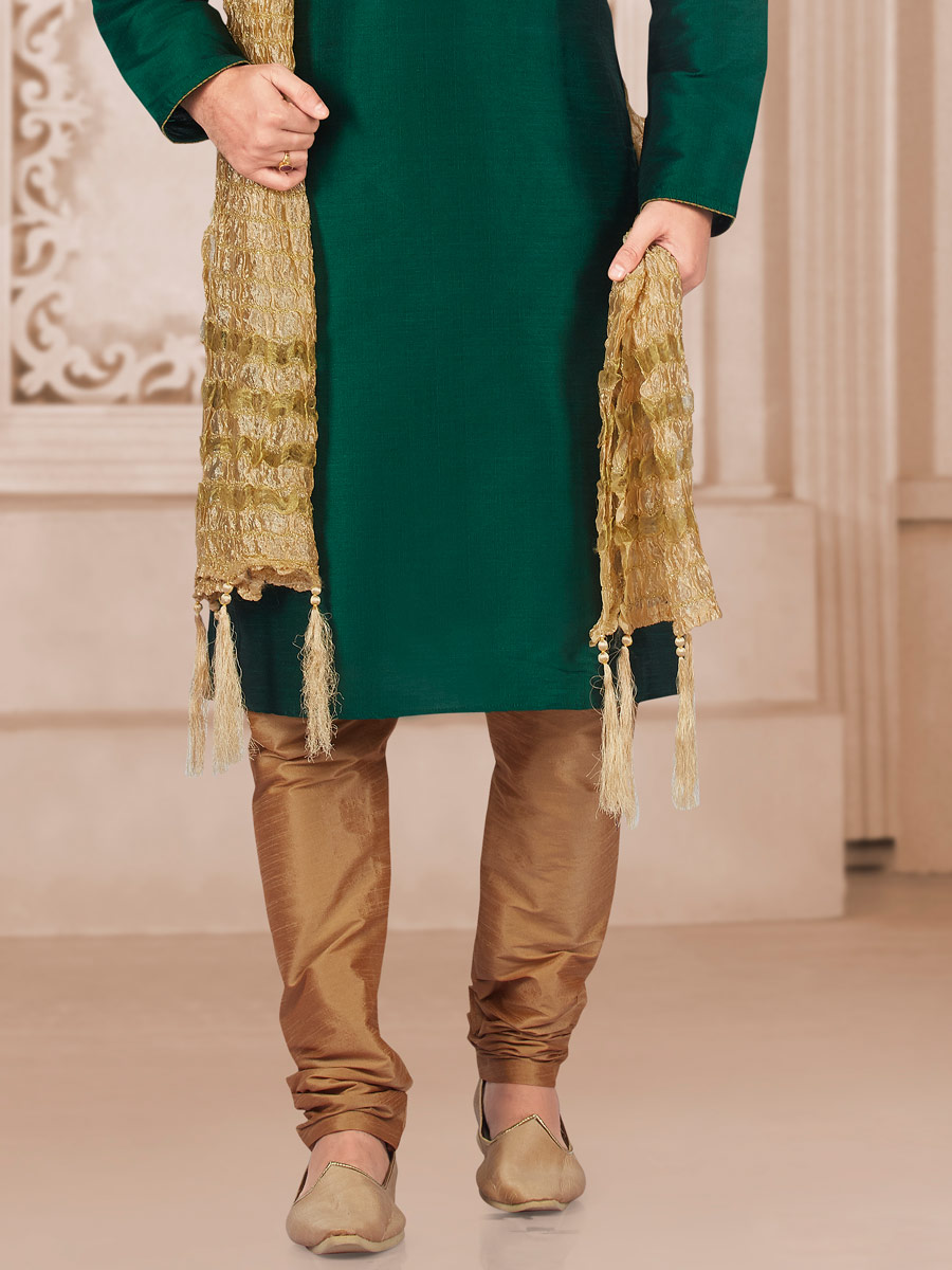 Hunter Green Art Banarasi Silk Embroidered Festival Kurta