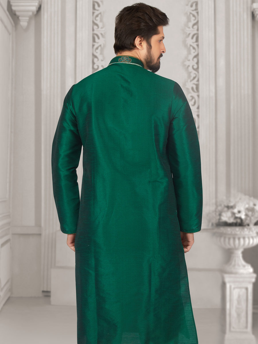 Hunter Green Art Banarasi Silk Embroidered Festival Kurta