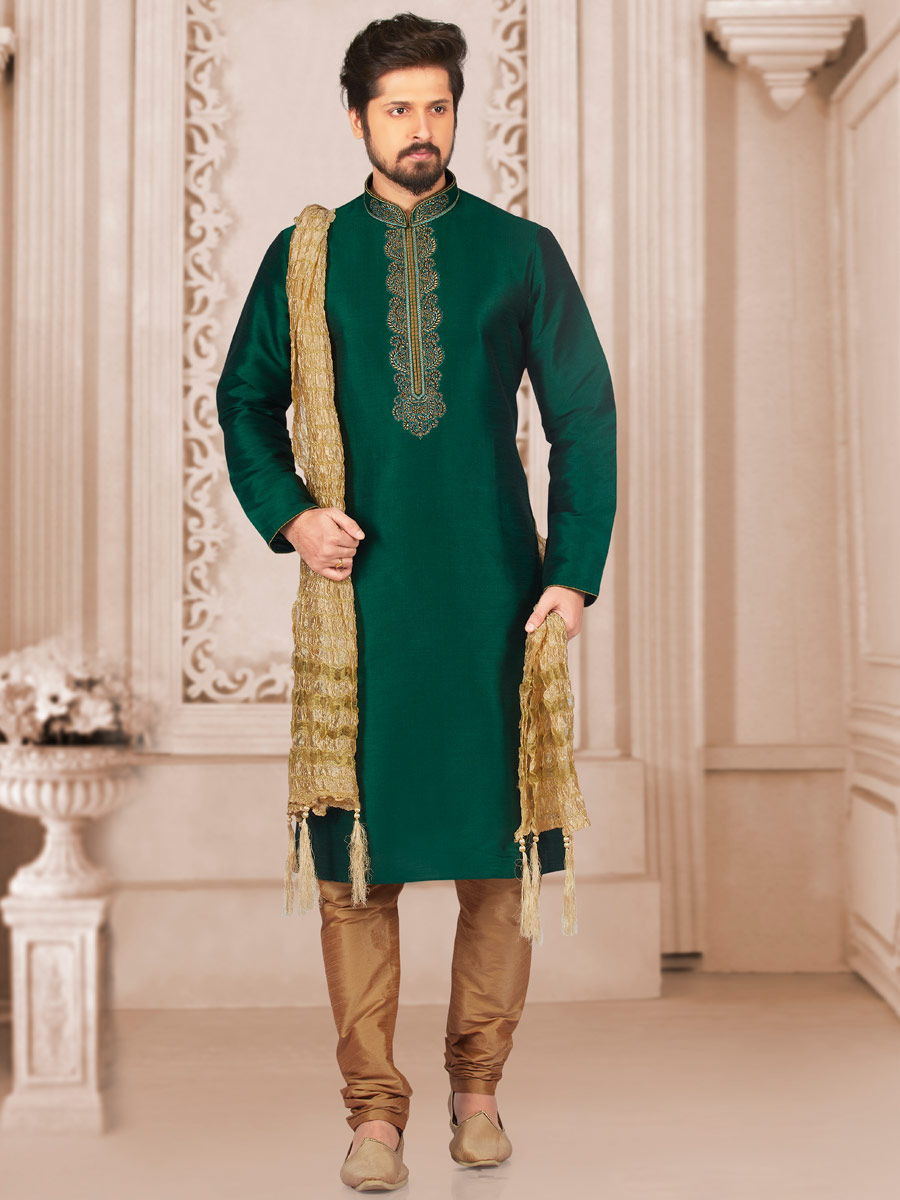 Hunter Green Art Banarasi Silk Embroidered Festival Kurta