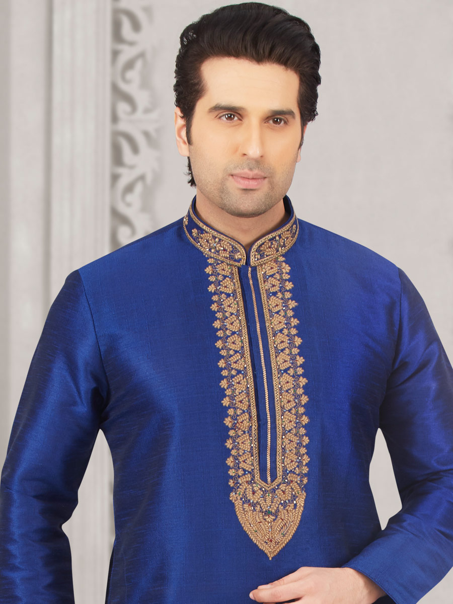 Dark Blue Art Banarasi Silk Embroidered Festival Kurta
